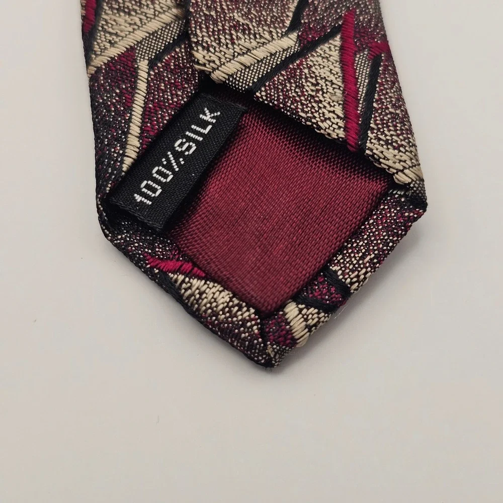 Stefano Milano Silk Tie Burgundy Pewter Geometric Art Deco Italian Hand Made‎